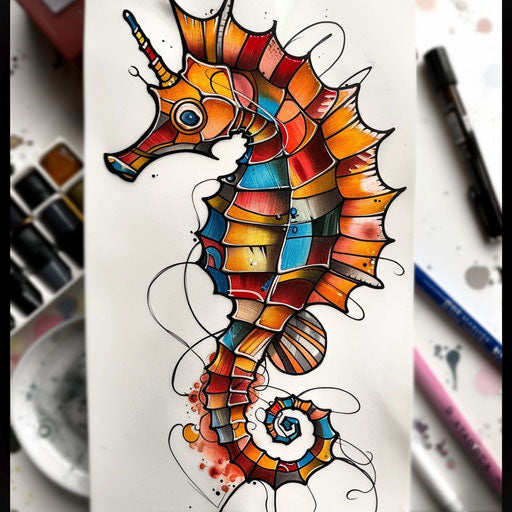 Stained glass seahorse tattoo sketch with bold outlines