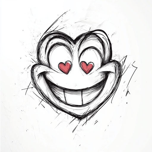 Flat clipart style tattoo sketch of a smiley face with heart eyes on pure white background