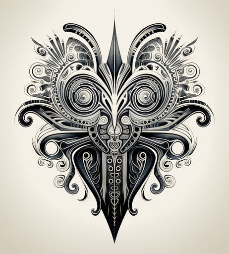 Tropical creature tattooed with light silver tribal design