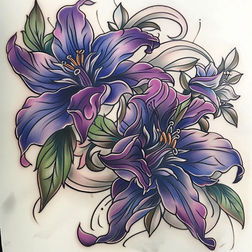 Neo-traditional violet flower tattoo design on white background