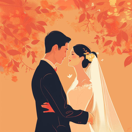 Bride and groom illustration, bold outlines, flat colors