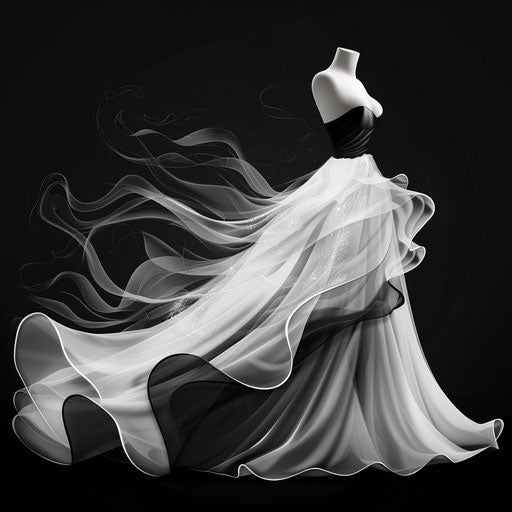 Wedding dress clipart in realistic style on dark charcoal background highlighting dramatic contrast and intricate detail