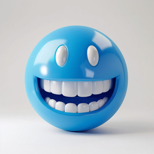 Blue smiling face with white teeth on pure white background