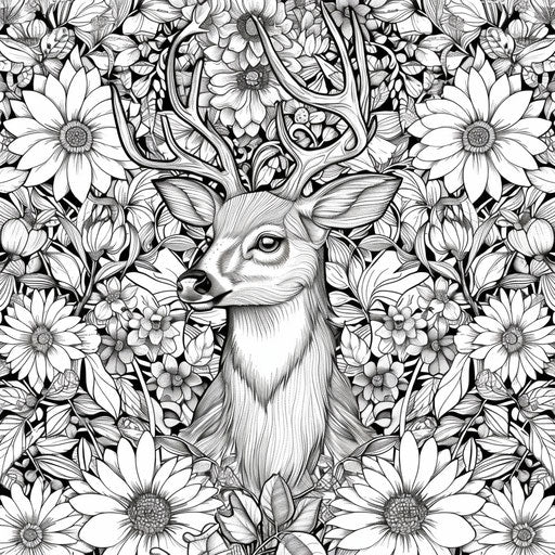 Intricate design with deer surrounded by foliage and flowers. Coloring book page