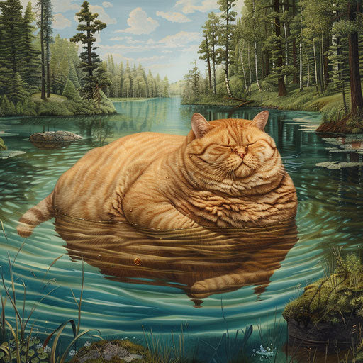 Overweight cat swimming in a lake by the shore