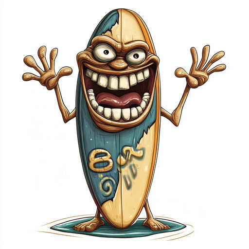 Humorous caricature of a surfboard with human characteristics
