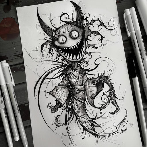 Charming flat tattoo sketch of a cartoon shinigami with oversized whimsical features