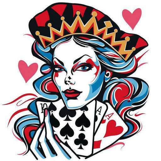 Pop art Queen of Hearts tattoo with bright colors