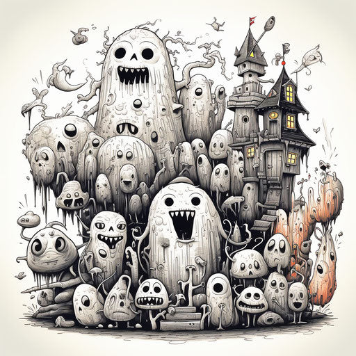 Drawing of ghosts and scary things, whimsical cartoon style in black and white