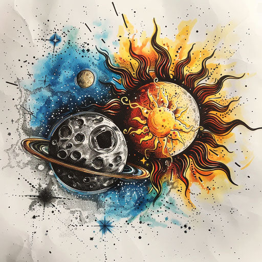 Cosmic tattoo sketch of a sun and moon orbiting each other, deep space colors