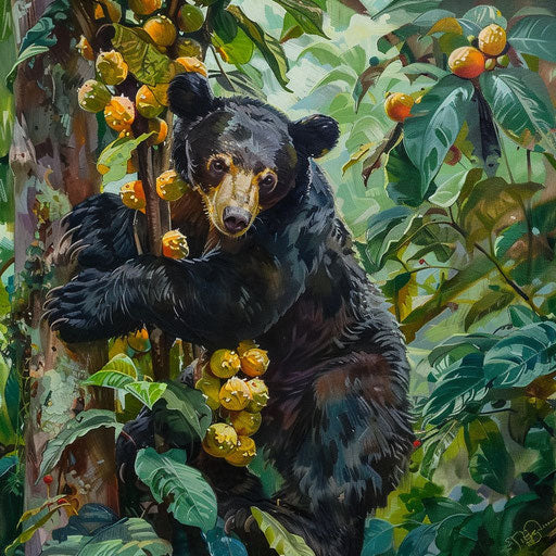 Sun bear climbing a fruit-laden tree in Asian jungle