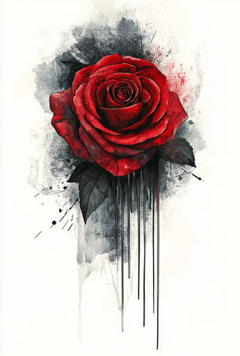Abstract red rose tattoo design with dripping paint effect