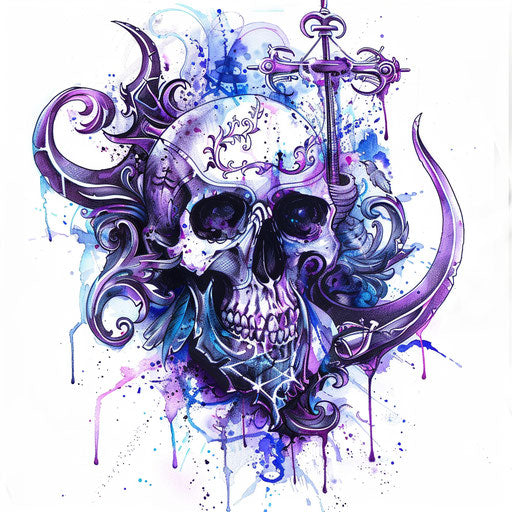 Inspired tattoo sketch of the Jolly Roger with muse-like figures whispering secrets into the skull's ears, in mystical purples and blues, in a creative clipart style