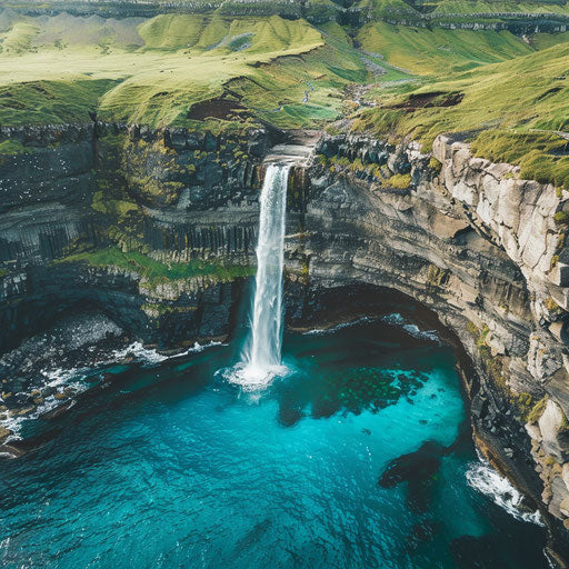 Waterfall with bright blue waters and epic cliffs