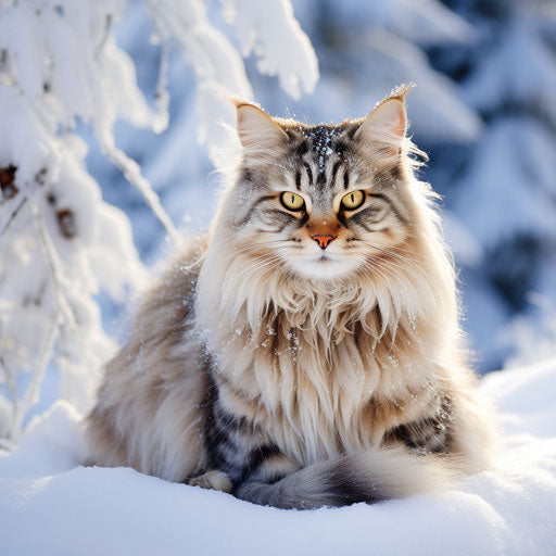 A siberian cat lying in the snow