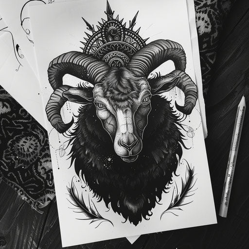 Gothic themed black sheep tattoo artwork with dark symbolism, presented on white paper