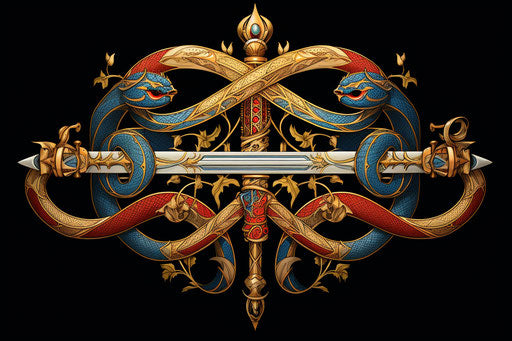 Coiled serpent between two crossed swords