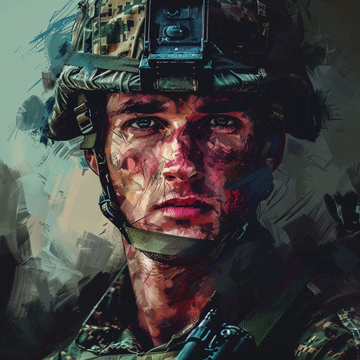 Soldier clipart in photorealistic style with a flat random background, vibrant tones and enhanced clarity