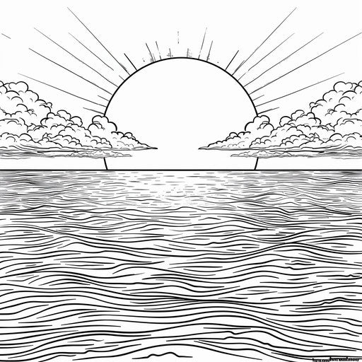 Sunset over a calm ocean with reflections in the water. Coloring book page