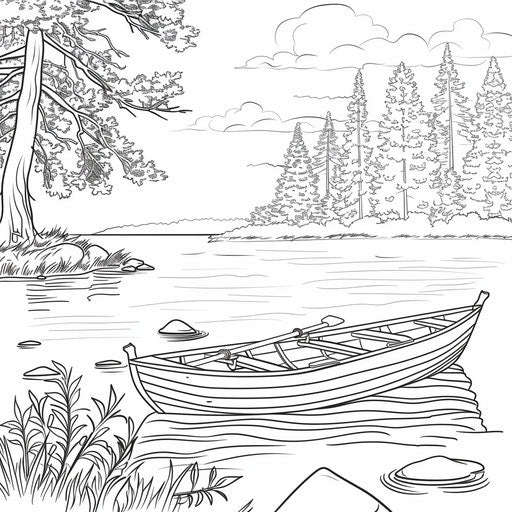 Rowboat on tranquil lake with trees in background