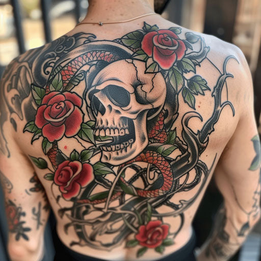 Skull intertwined with roses in neo-traditional tattoo