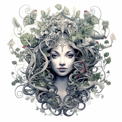 Asian woman with virus head in mythology-inspired art