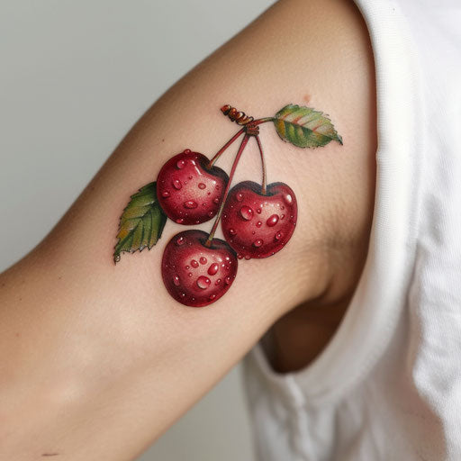 Realistic cherry tattoo with dew-dropped cherries