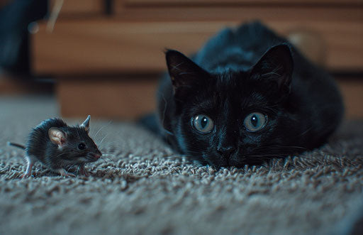 The black cat staring at a mouse on the carpet
