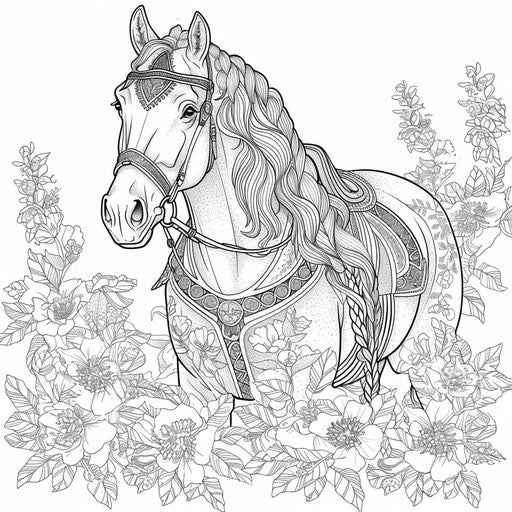 Horse with braided mane and decorative tack