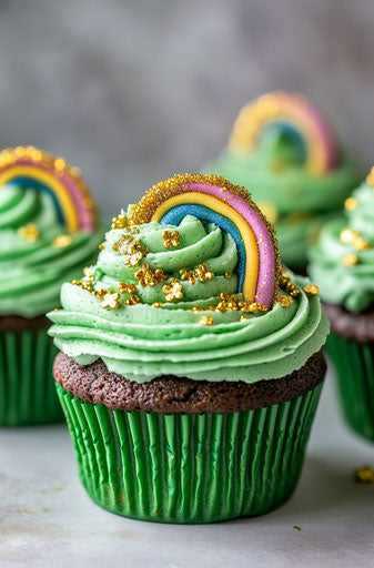 St. Patrick's Day rainbow cupcakes with green frosting and gold sprinkles
