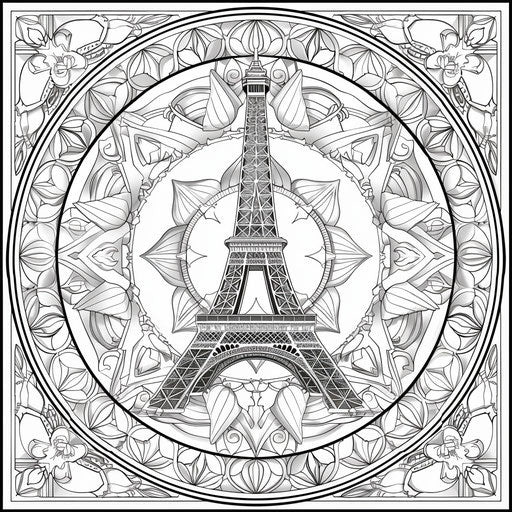 Intricate mandala with Eiffel Tower and detailed patterns