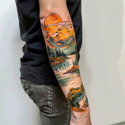 Forearm tattoo surreal landscape David Palumbo style