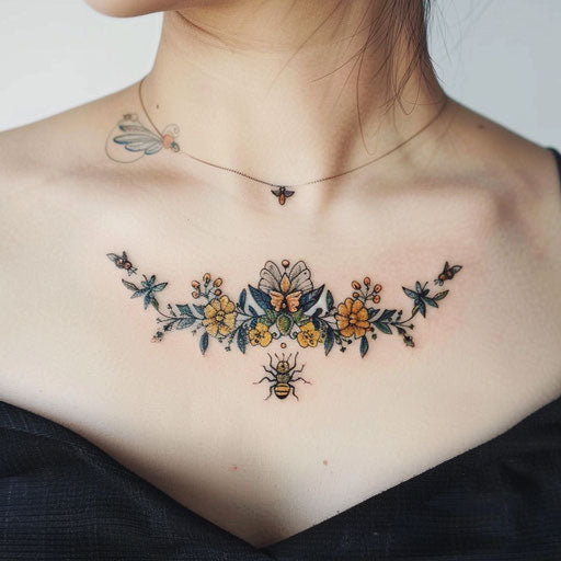 Collarbone tattoo with insects and exotic plants