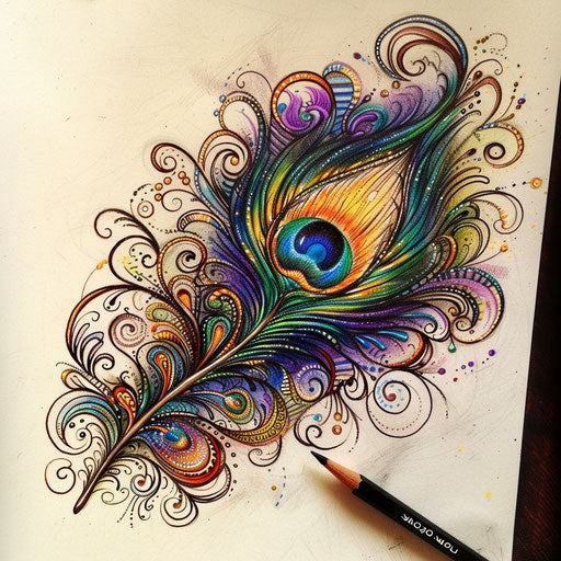 Psychedelic peacock feather tattoo sketch with vivid colors and swirl patterns