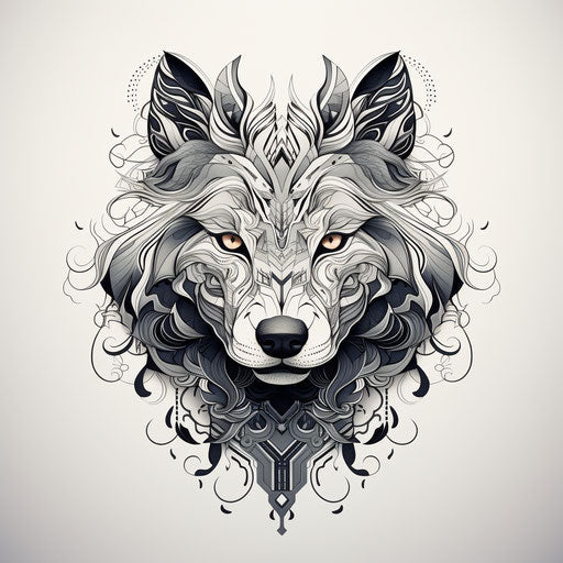 Beautiful black and white wolf head in tribal style