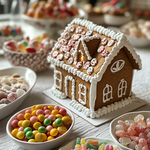 Gingerbread house pieces with candy decorations