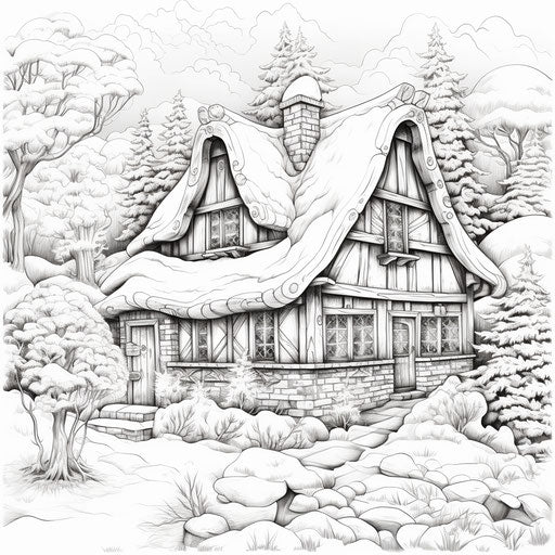 Winter scene coloring page with cottage, fantasy style ilford pan f