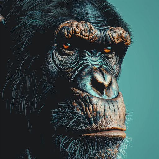 Realistic ape illustration on flat teal background