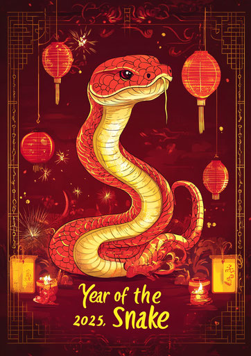 Cute snake print with golden frame, red background, 'Year of the Snake' text and '2025,' Chinese New Year theme with red envelopes, gold ingots, traditional lanterns, firecrackers, fireworks, couplets, and festive atmosphere.
