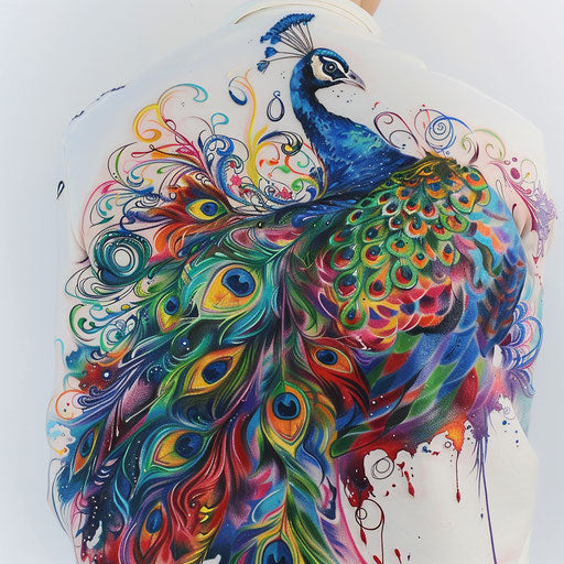 Psychedelic peacock tattoo, exploding with vibrant colors