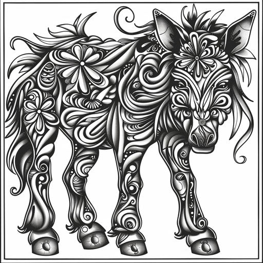 Complex and patterned illustration of a donkey with abstract designs. Coloring book page