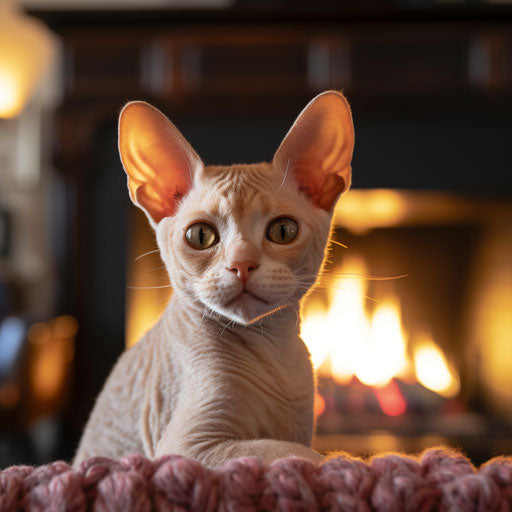Devon Rex cat in front of a fire in a fireplace