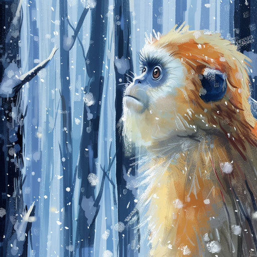 Yunnan snub-nosed monkey watching snow fall in silent forest