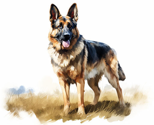 Standing German Shepherd, realistic light and shadow in dark blue and light amber