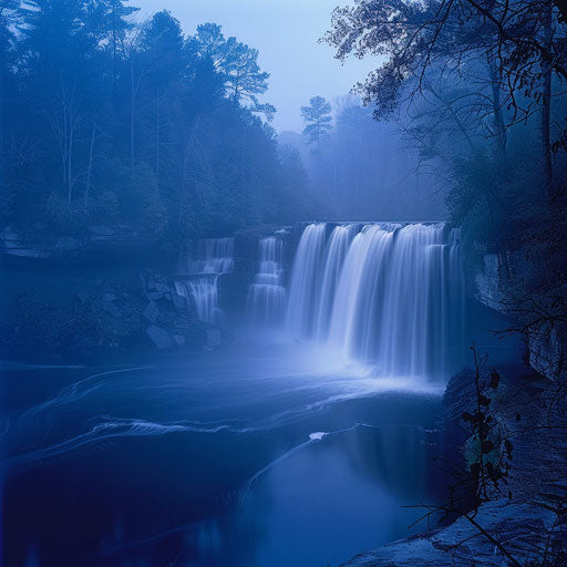 Noccalula Falls, Alabama, at dusk with soft, ethereal lighting, in the style of William Patino