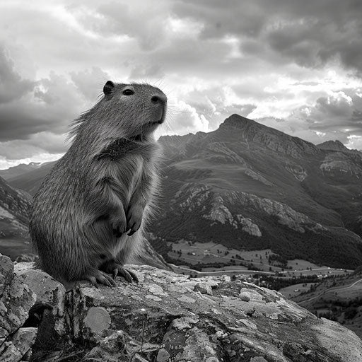Capybara on a rocky outcrop with mountains in the background