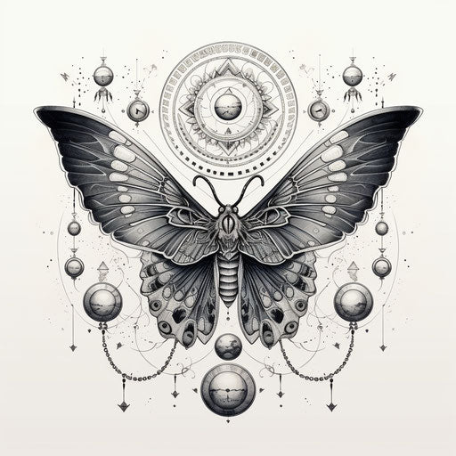Mauve moth and moon phases, esoteric tattoo design