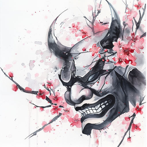 Oni mask with cherry blossoms, delicate watercolor technique