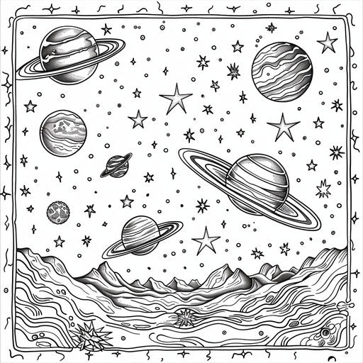 Celestial scene with planets, stars, and galaxies