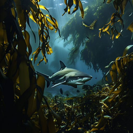 Bull shark among shadows of kelp forest